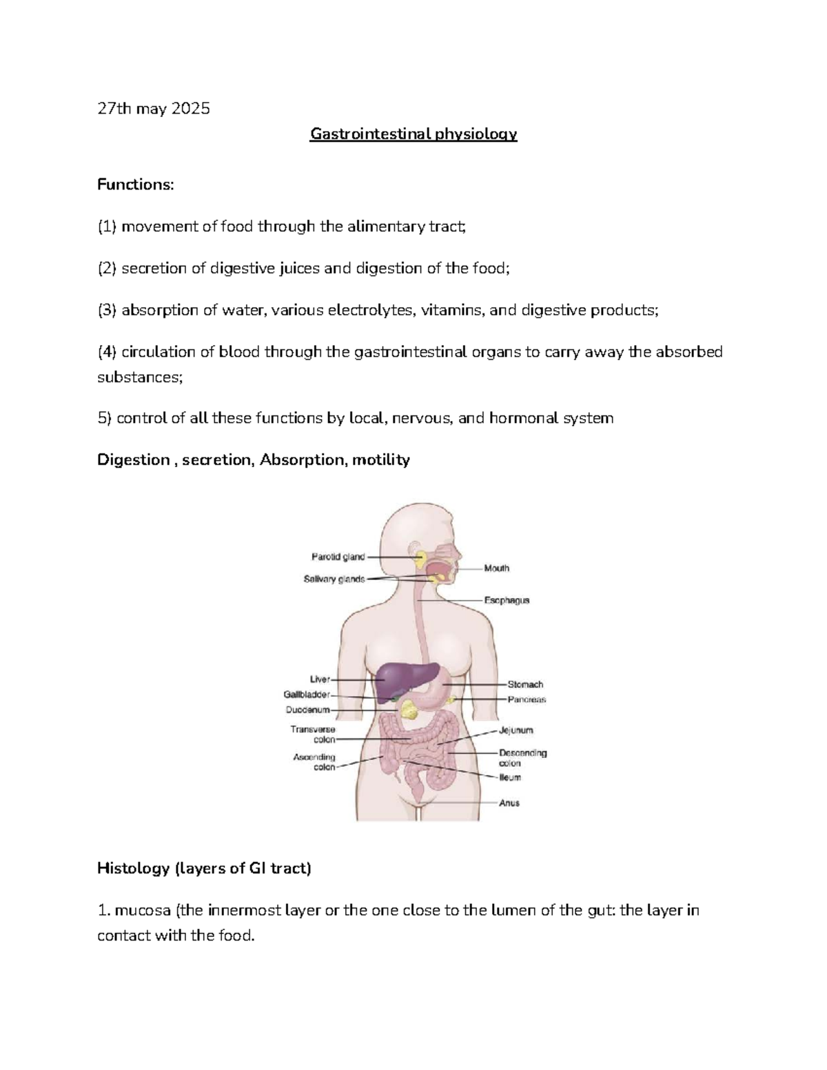 GI Physiology Review: Functions, Control, and Histology (27th May 2025 ...
