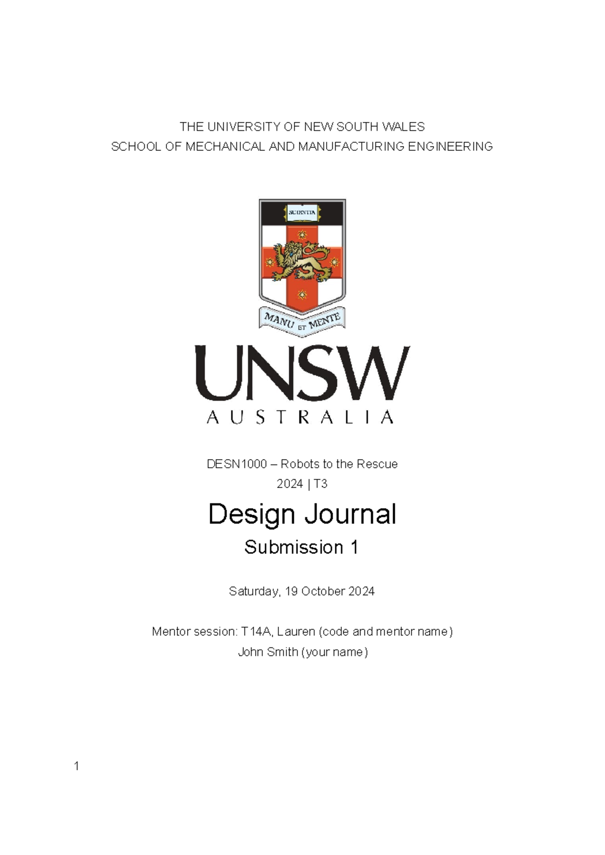 DESN1000 Design Journal Template for Robots to the Rescue Project - Studocu