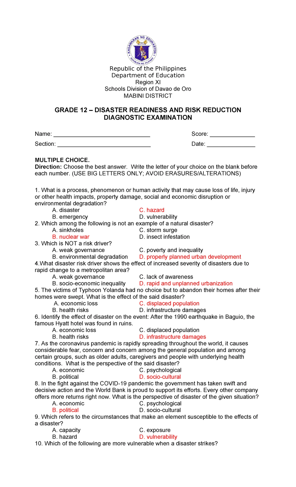 TOS-G12: Diagnostic Exam for Disaster Readiness and Risk Reduction ...