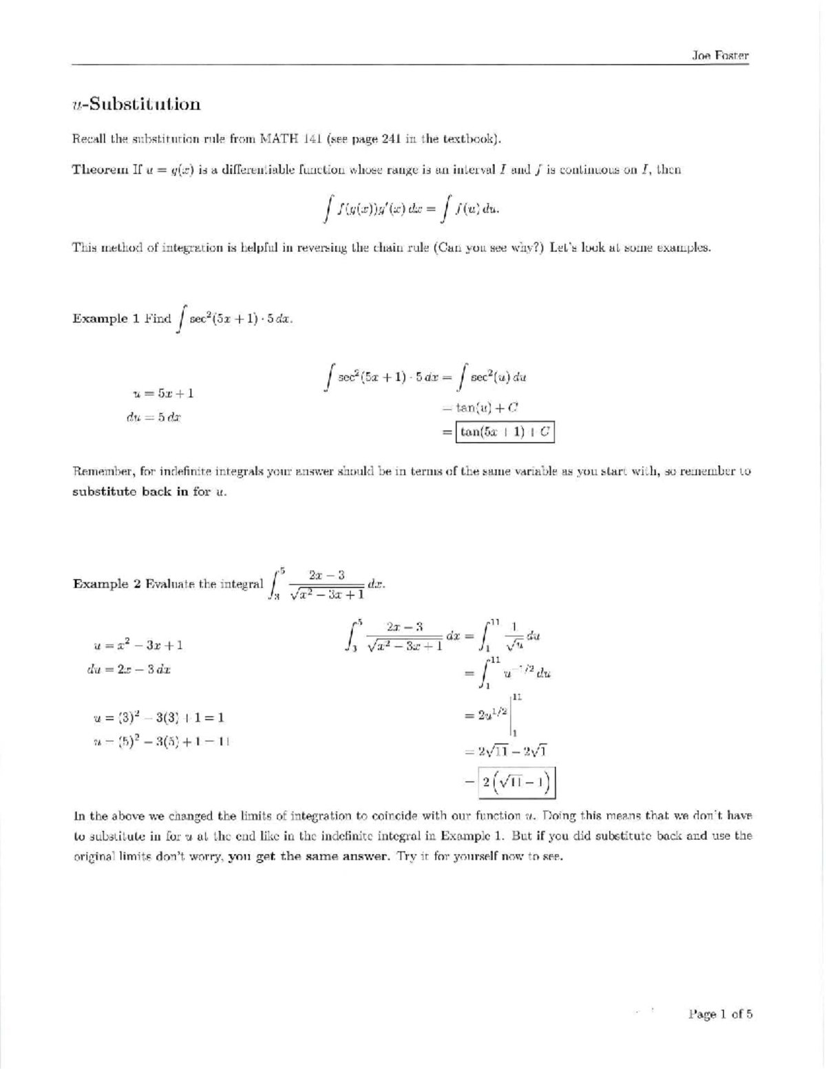 U-Substitution Worksheet for MATH 142: Integration Techniques - Studocu