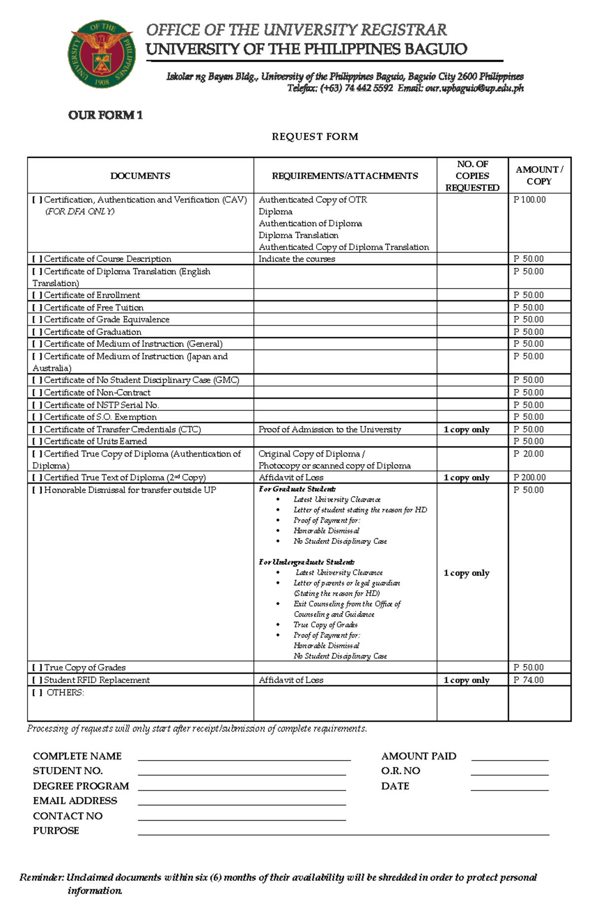OUR FORM 1 - Request Form for Certification Documents - Studocu