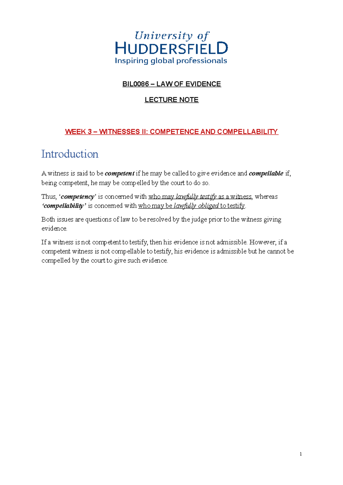 BIL0086 Law of Evidence Lecture 4 Witnesses Competence and ...