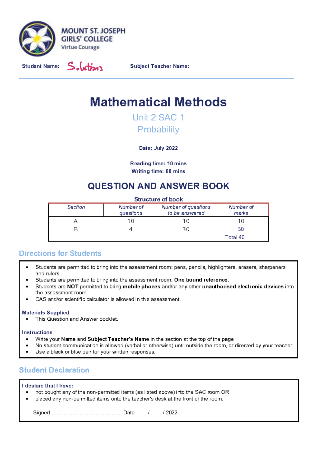 Mathematical Methods Unit 2 SAC 1 2022 Solutions Guide - Studocu