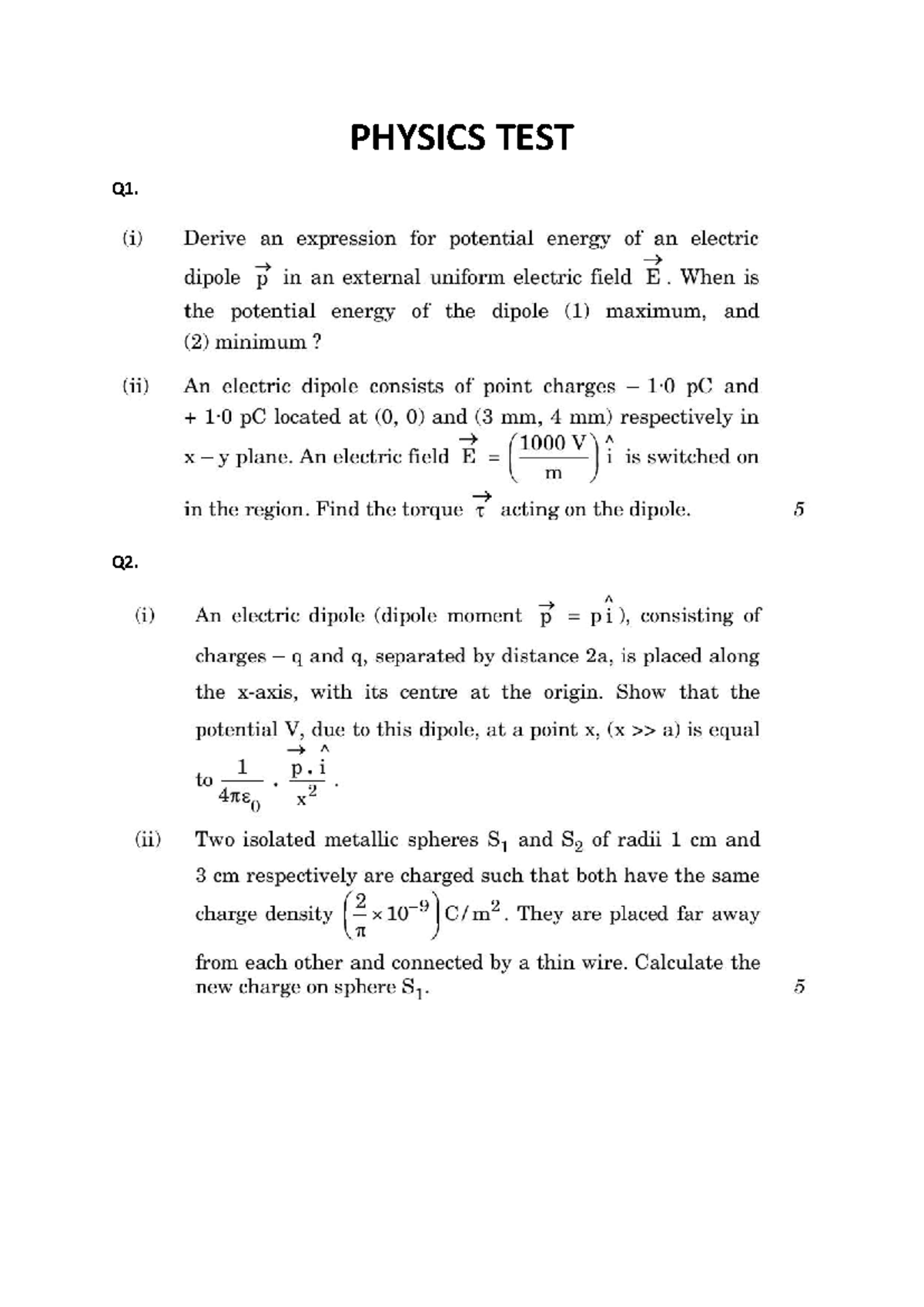 Physics TEST2 - Concepts of Chapter 2 in Class 12 Physics - Studocu