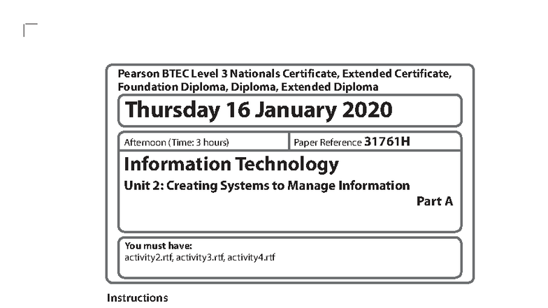 BTEC L3 IT Unit 2: Creating Systems to Manage Info - Part A - Studocu
