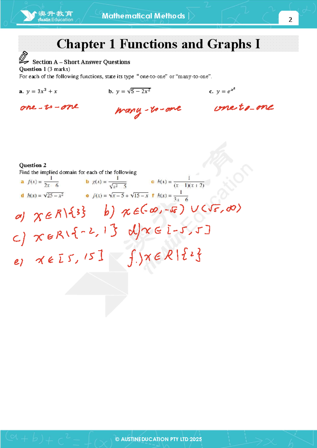 Mathematical 2 Chapter 1 Functions & Graphs I Short Answer Questions ...