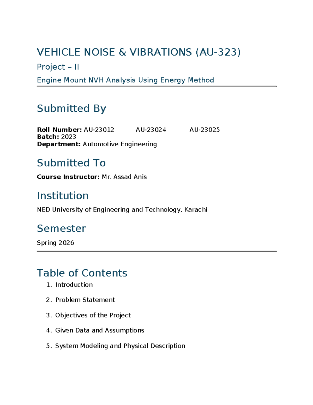 Au323 Project II: Engine Mount NVH Analysis Using Energy Method - Studocu