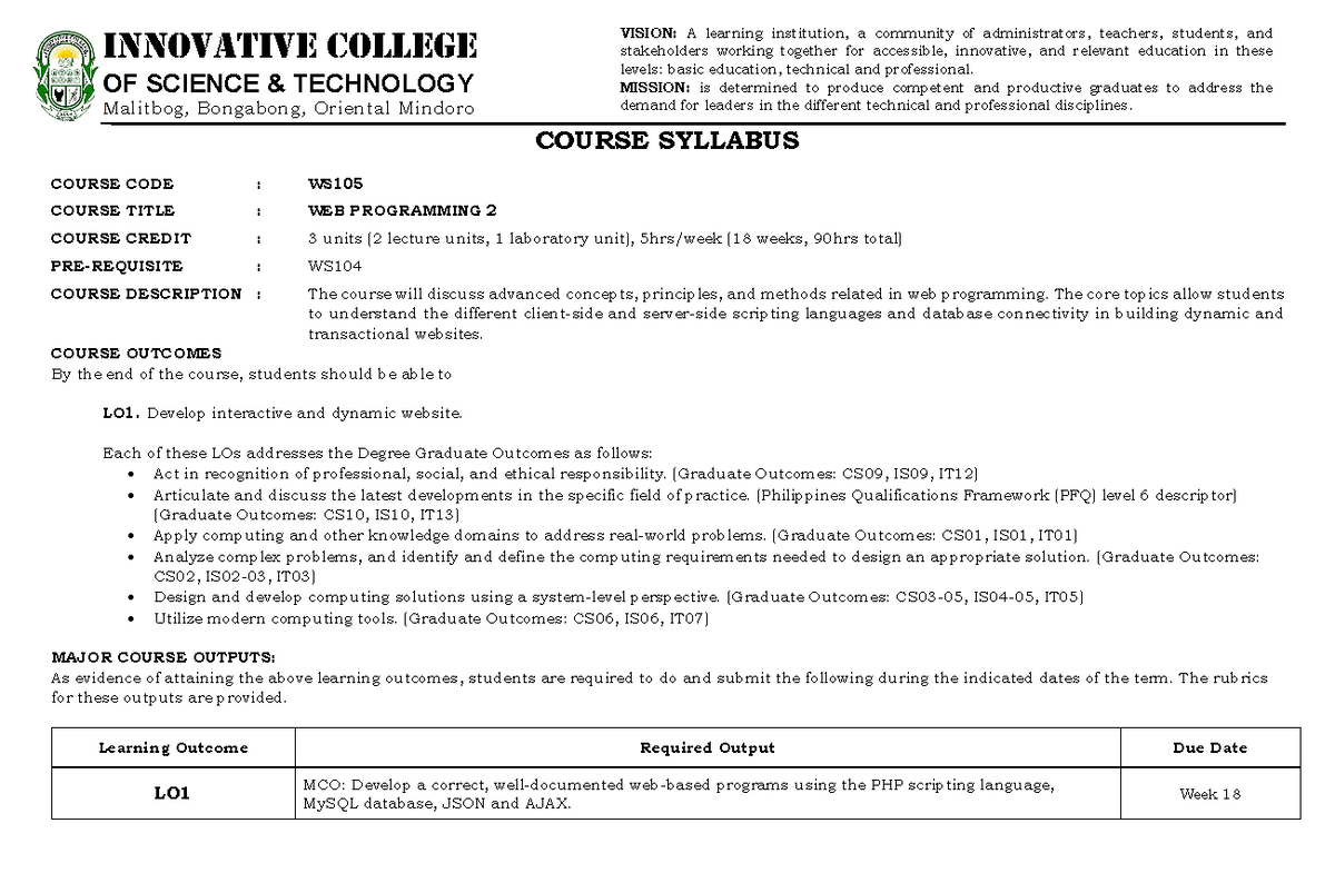 Web Programming 2 Syllabus - WS Course Overview and Outcomes - Studocu