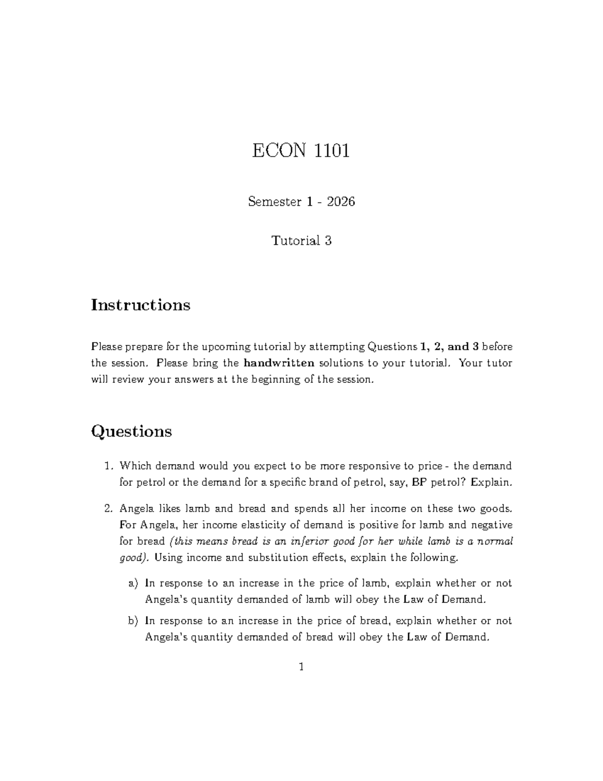 ECON 1101 Semester 1 2026 Tutorial 3 Questions & Instructions - Studocu
