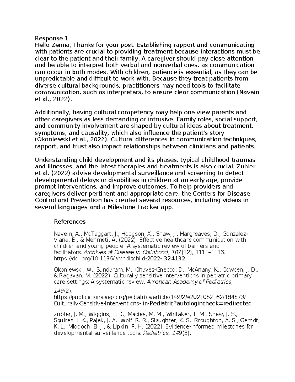 Response 1: Discussion on Effective Communication in Pediatric Care ...