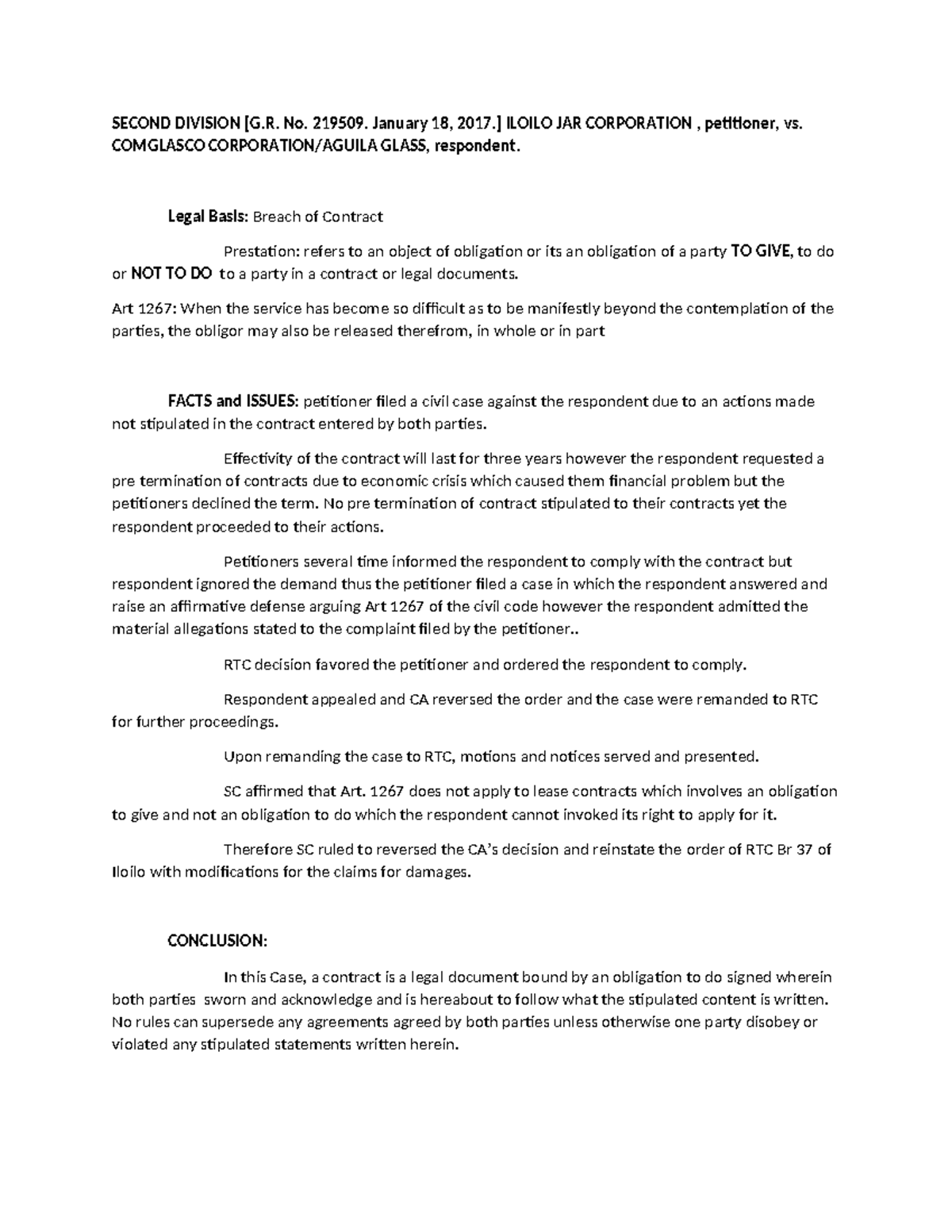 Case Study: Iloilo Jar Corp vs Comglasco Glass (Sec. Div. No. 219509 ...