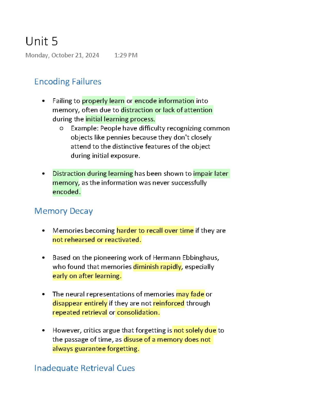 Unit 5 - Memory Encoding Failures and Forgetting Mechanisms - Studocu