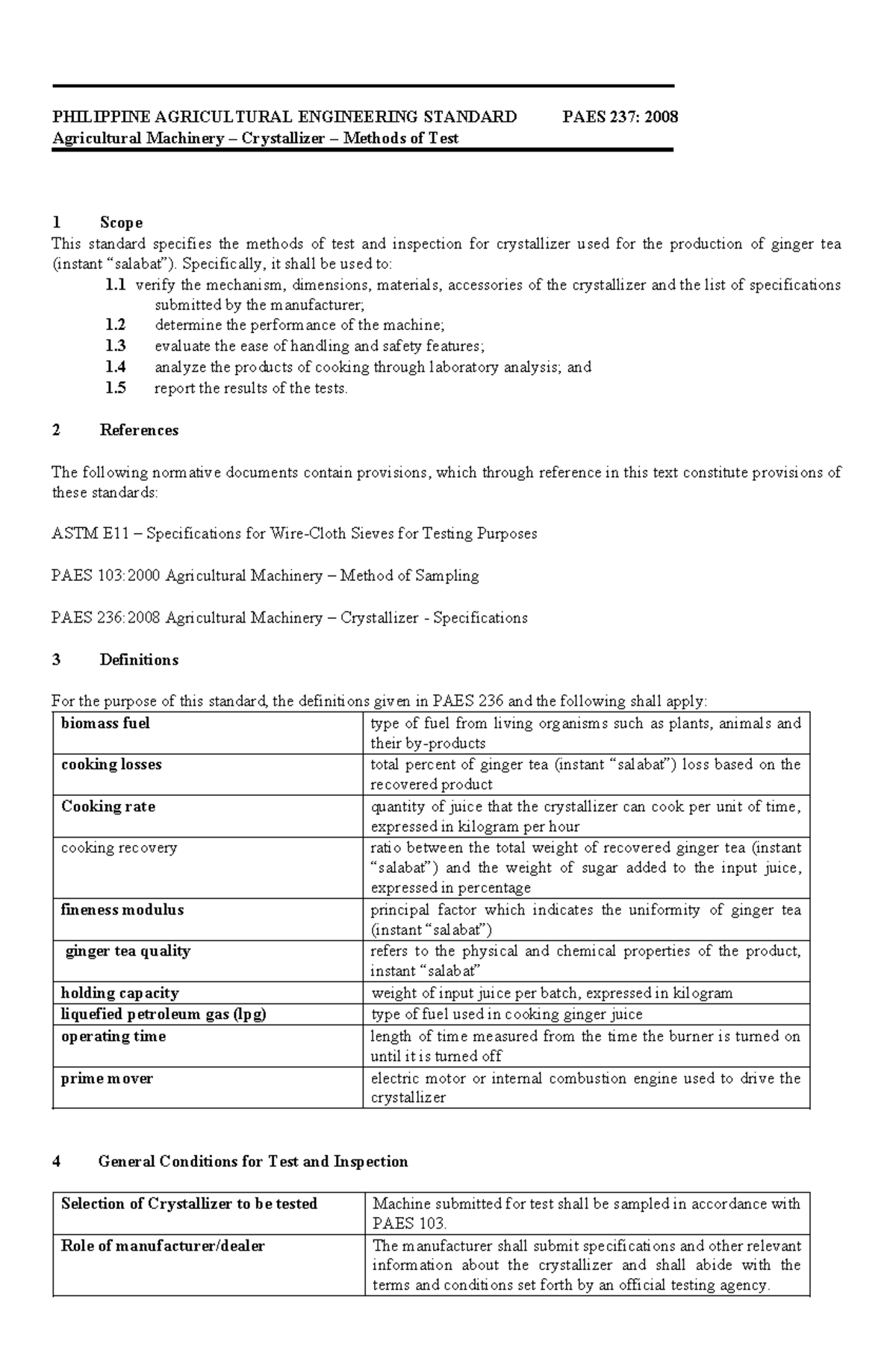 PAES 237:2008 Agricultural Machinery Crystallizer Testing Methods - Studocu