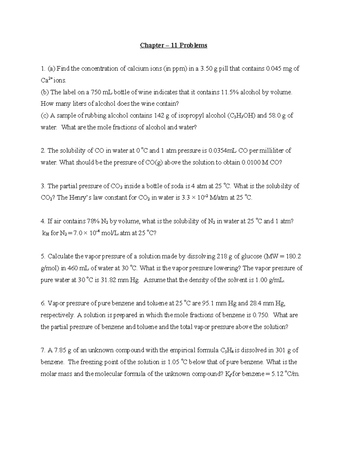 Chapter 11 Problems Concentration, Solubility, and Vapor Pressure