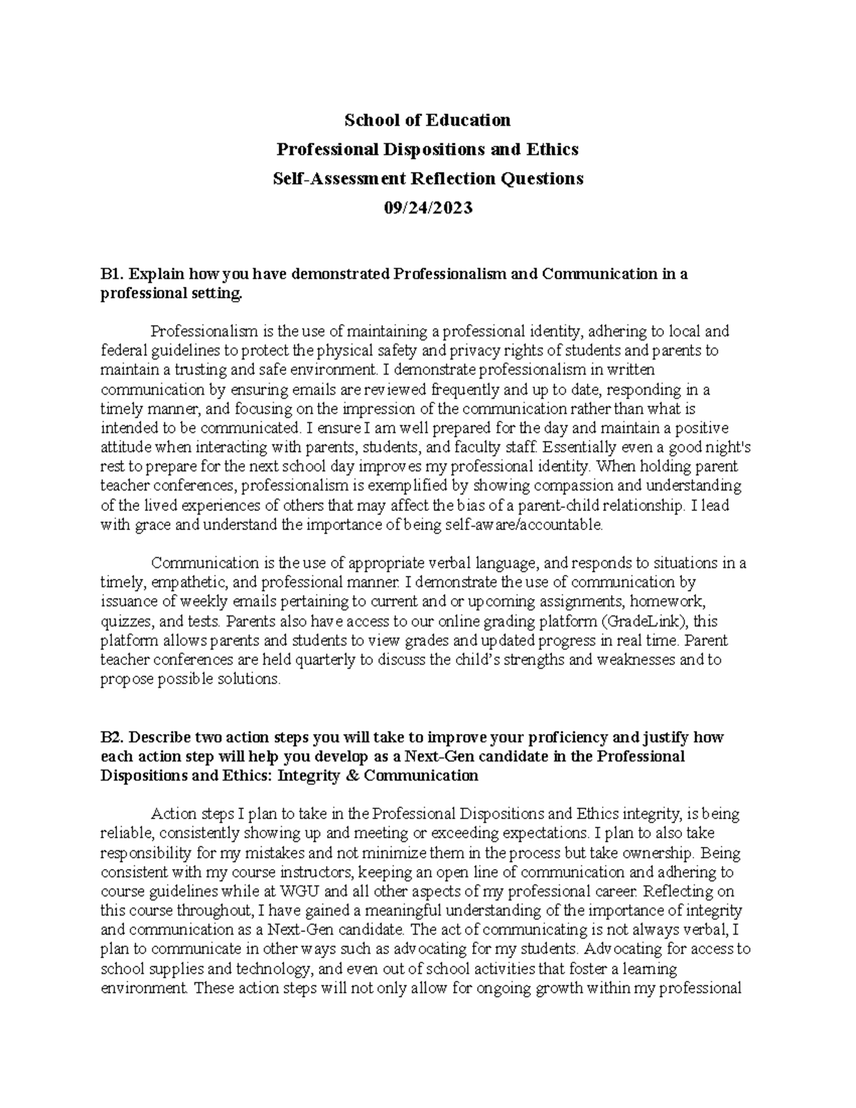 School of Education - Task 4 Reflection on Professional Dispositions ...