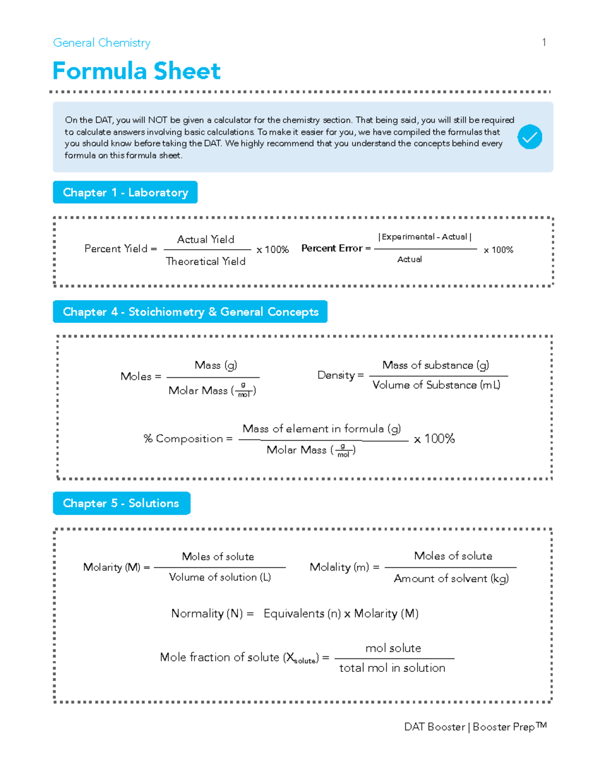 DAT Booster General Chemistry Formula Sheet for Exam Prep - Studocu
