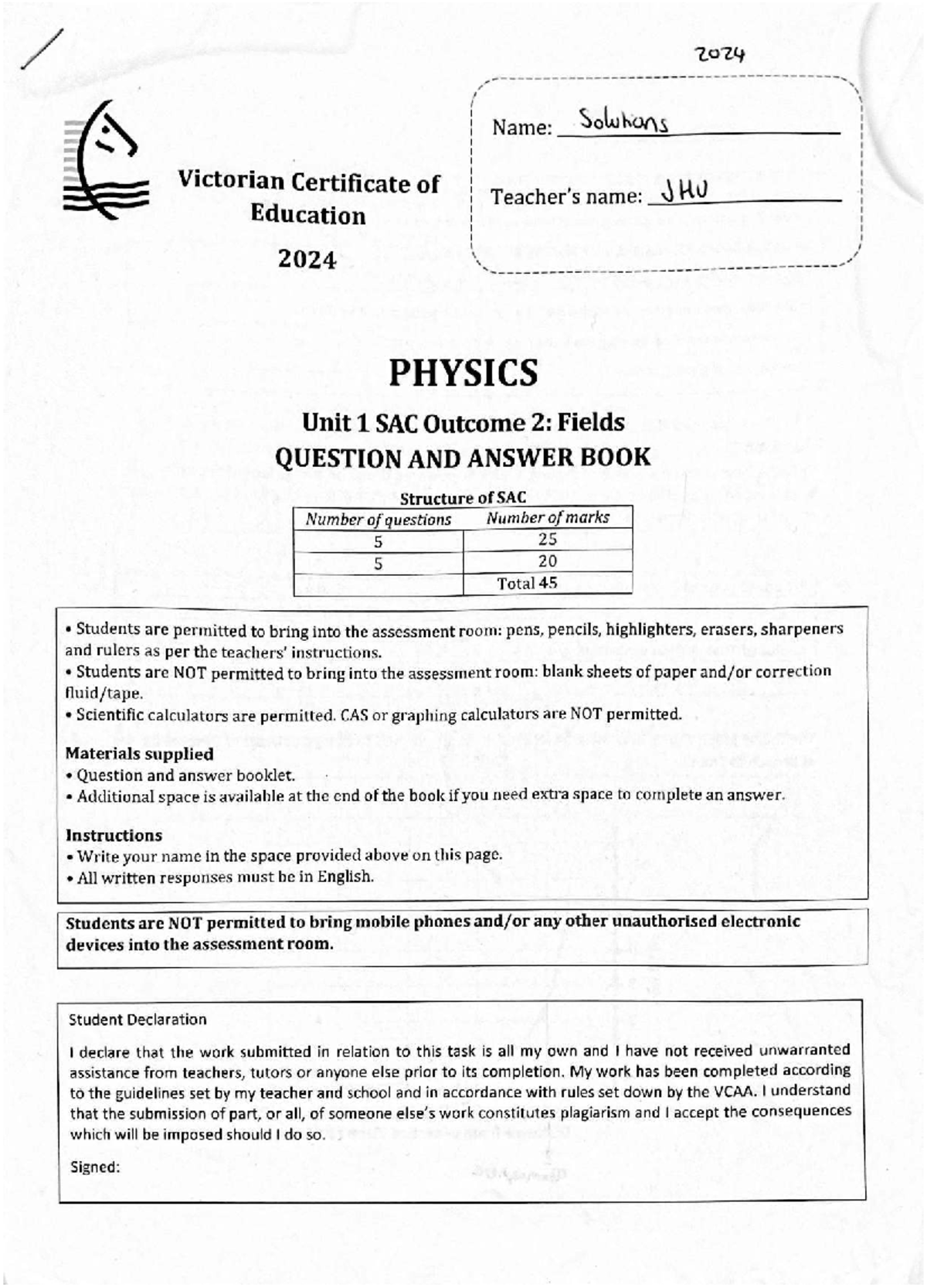 Fields SAC Solutions 2024 - JHU Education PHYSICS Unit 1 Outcome 2 ...