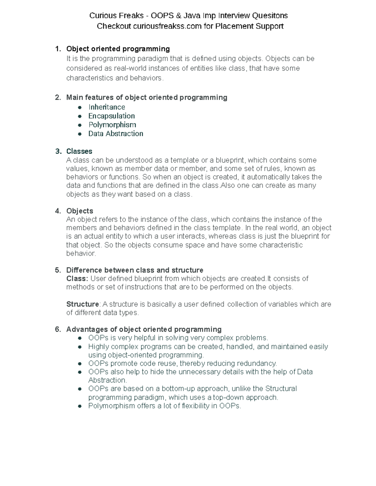 OOPS & JAVA (CS101) Interview Questions and Key Concepts Notes - Studocu