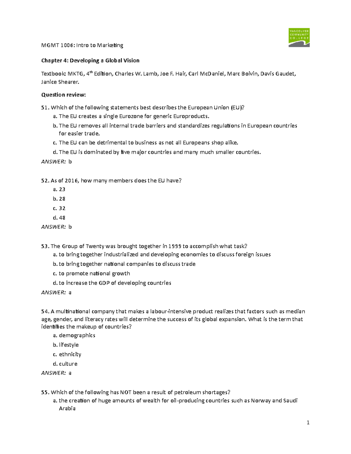 MAR - CH4 questions-2 - CH4q2 - Chapter 4: Developing a Global Vision ...