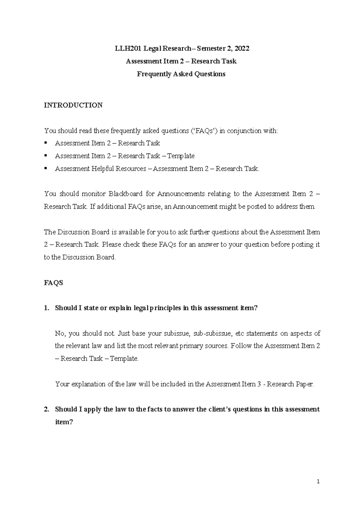 Assessment Item 2 - Research Task - FAQ - Version 2 - LLH201 Legal ...
