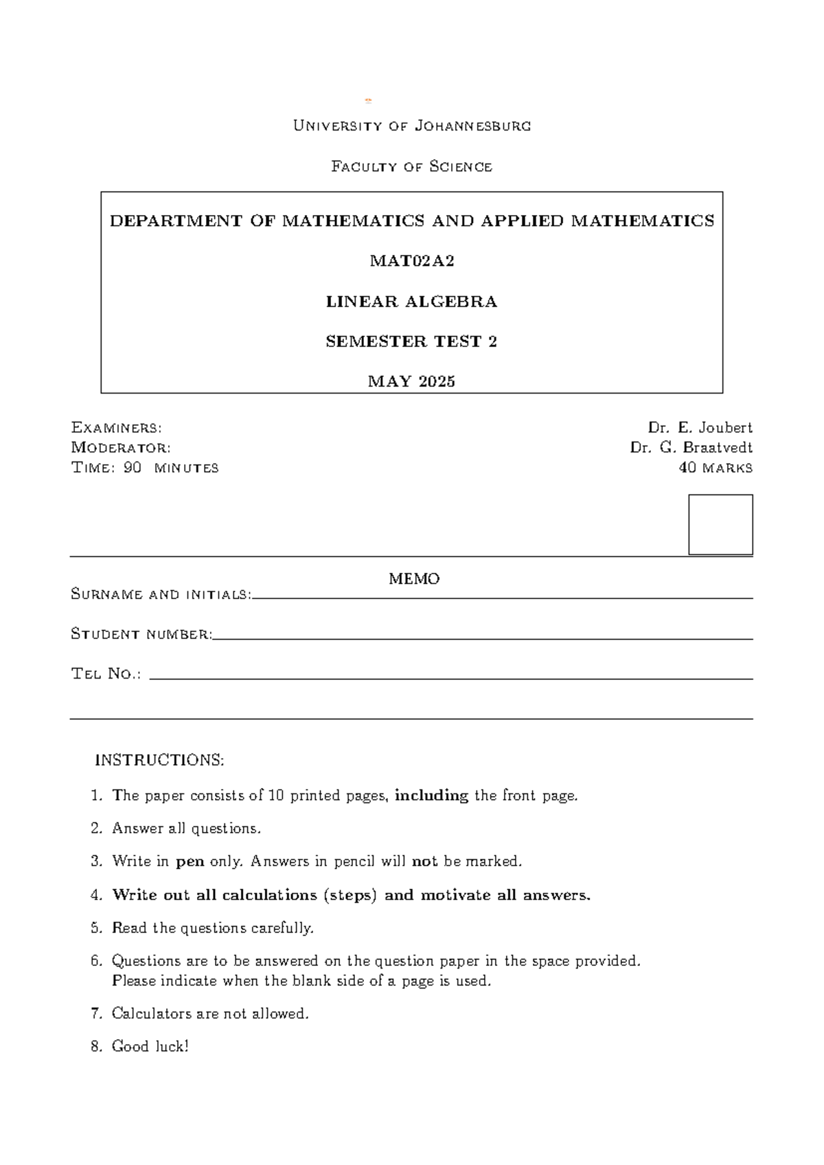 MAT02A2 Linear Algebra Semester Test 2 Memo May 2025 - Studocu