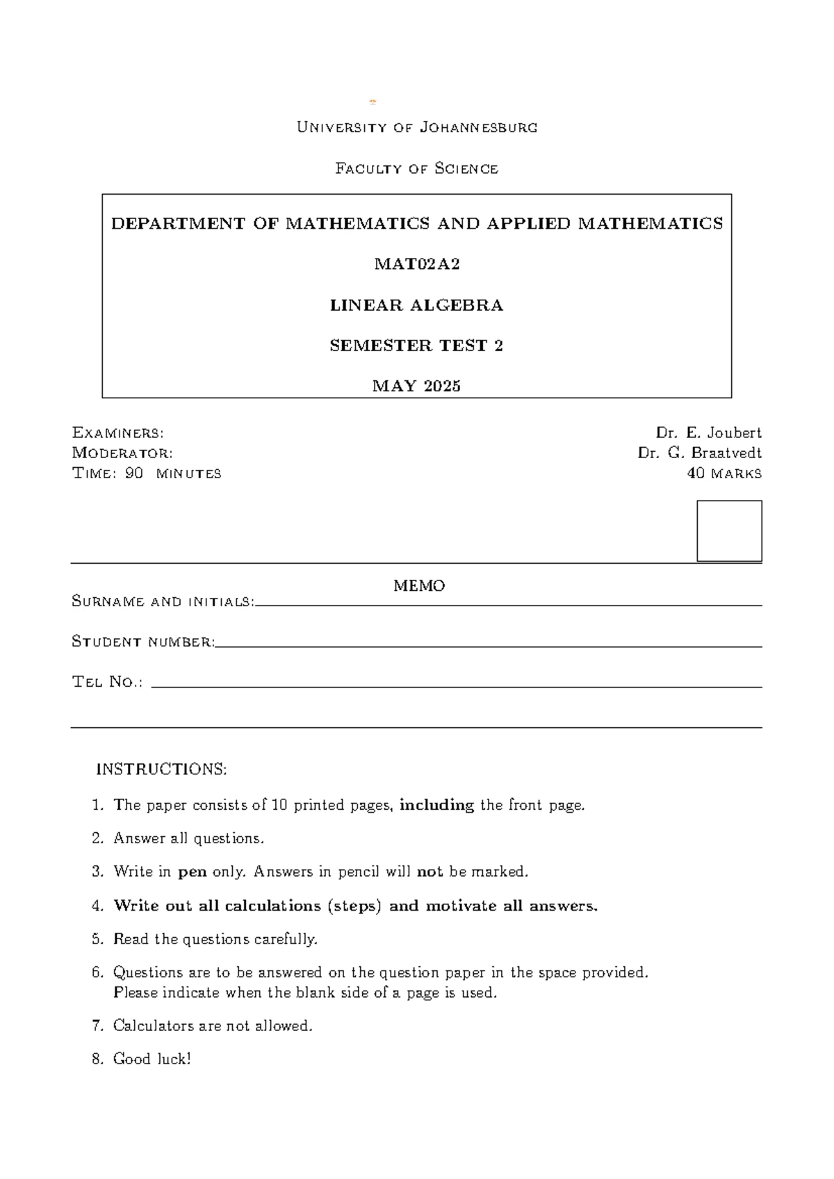 MAT02A2 SEMESTER TEST 2 MEMO MAY 2022 - LINEAR ALGEBRA SOLUTIONS - Studocu
