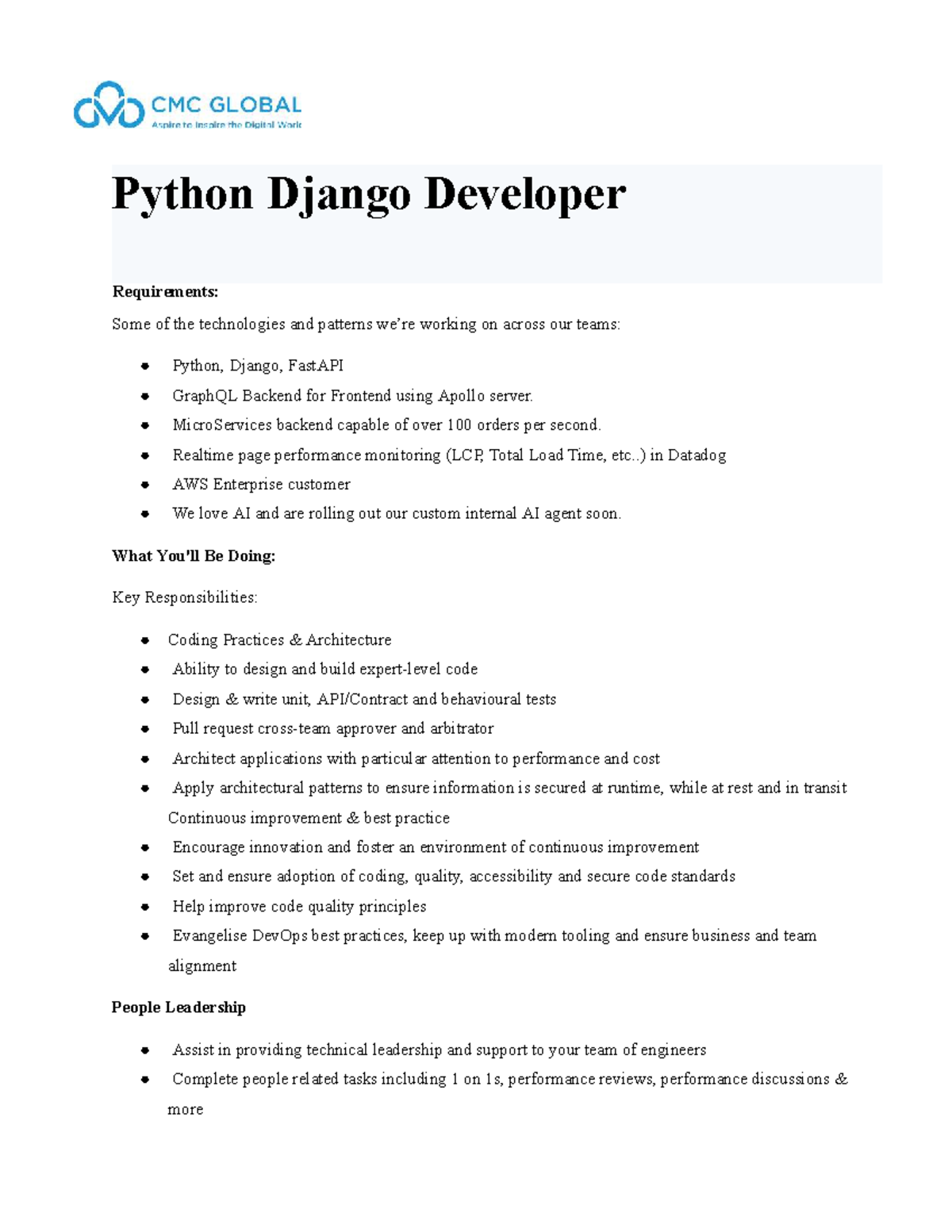 CMCG JD: Python Django Developer Role & Responsibilities - Studocu