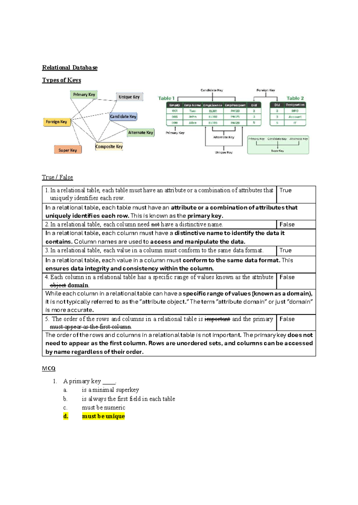 Database (DB) Lecture: Types of Keys & Relationships Summary - Studocu