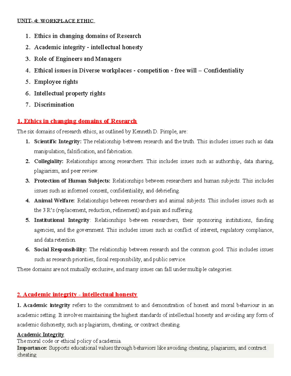 UNIT-4: Workplace Ethics and Employee Rights Overview - Studocu