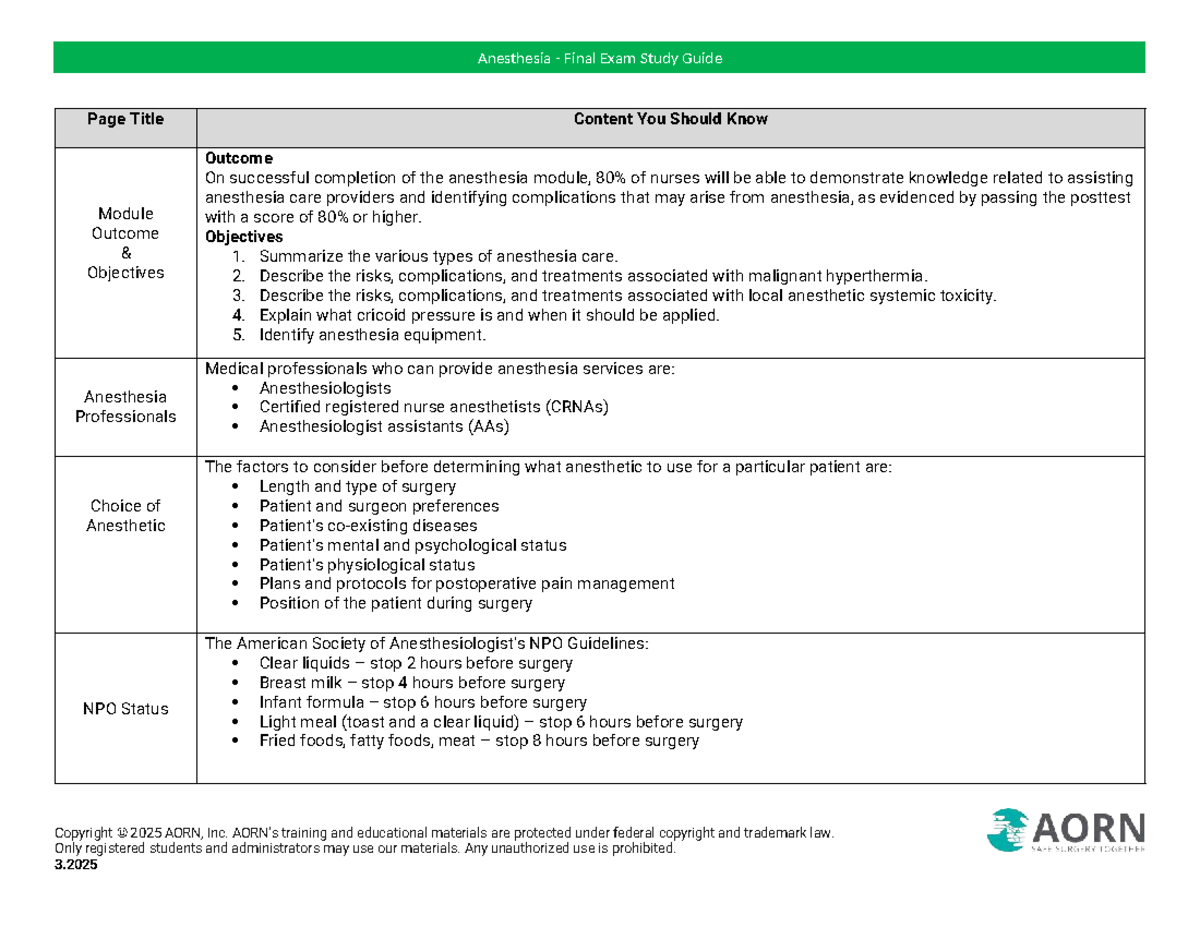 Anesthesia NUR 2025 Final Exam Study Guide and Key Concepts - Studocu