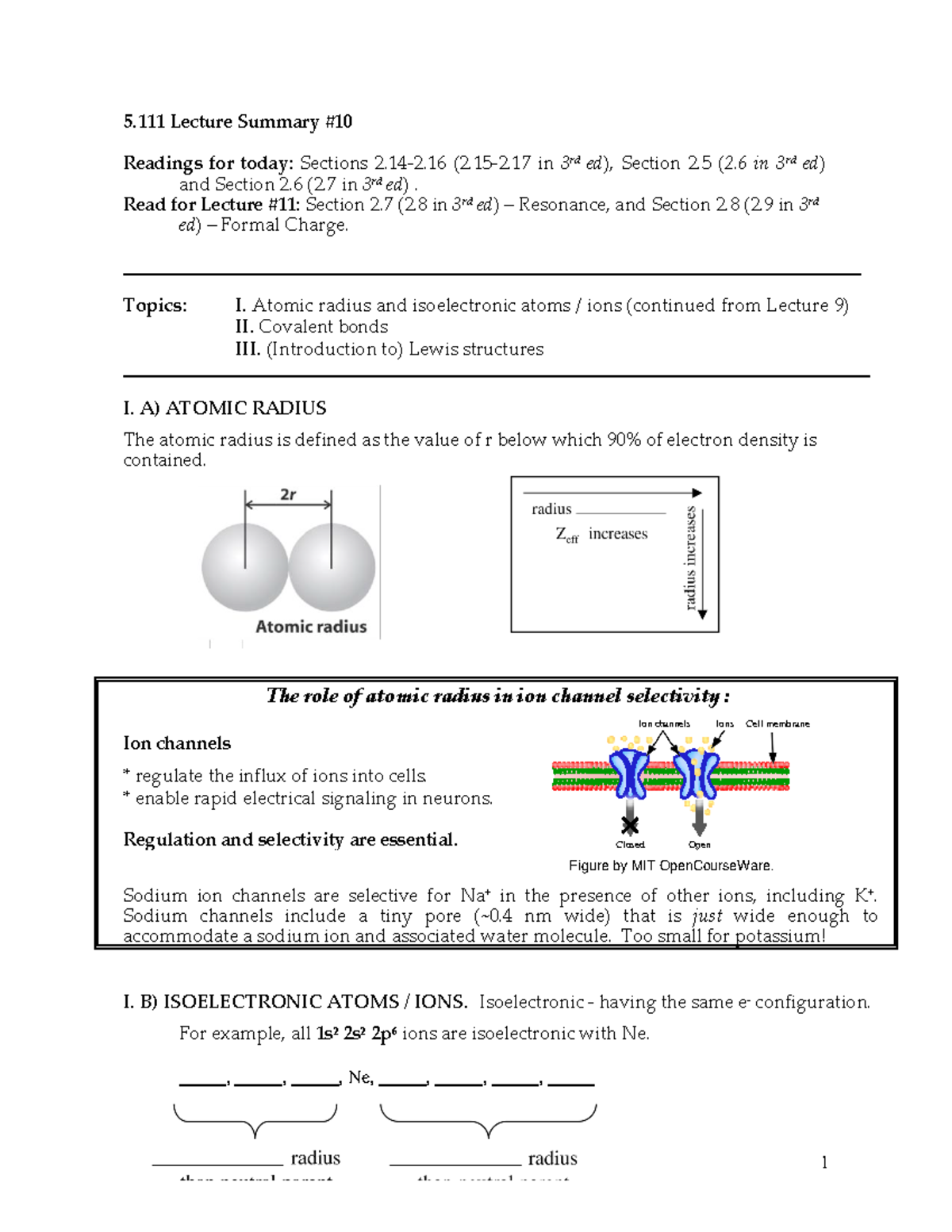 5.111 Lecture Summary: Periodic Trends & Covalent Bonds (Lecture 11 ...