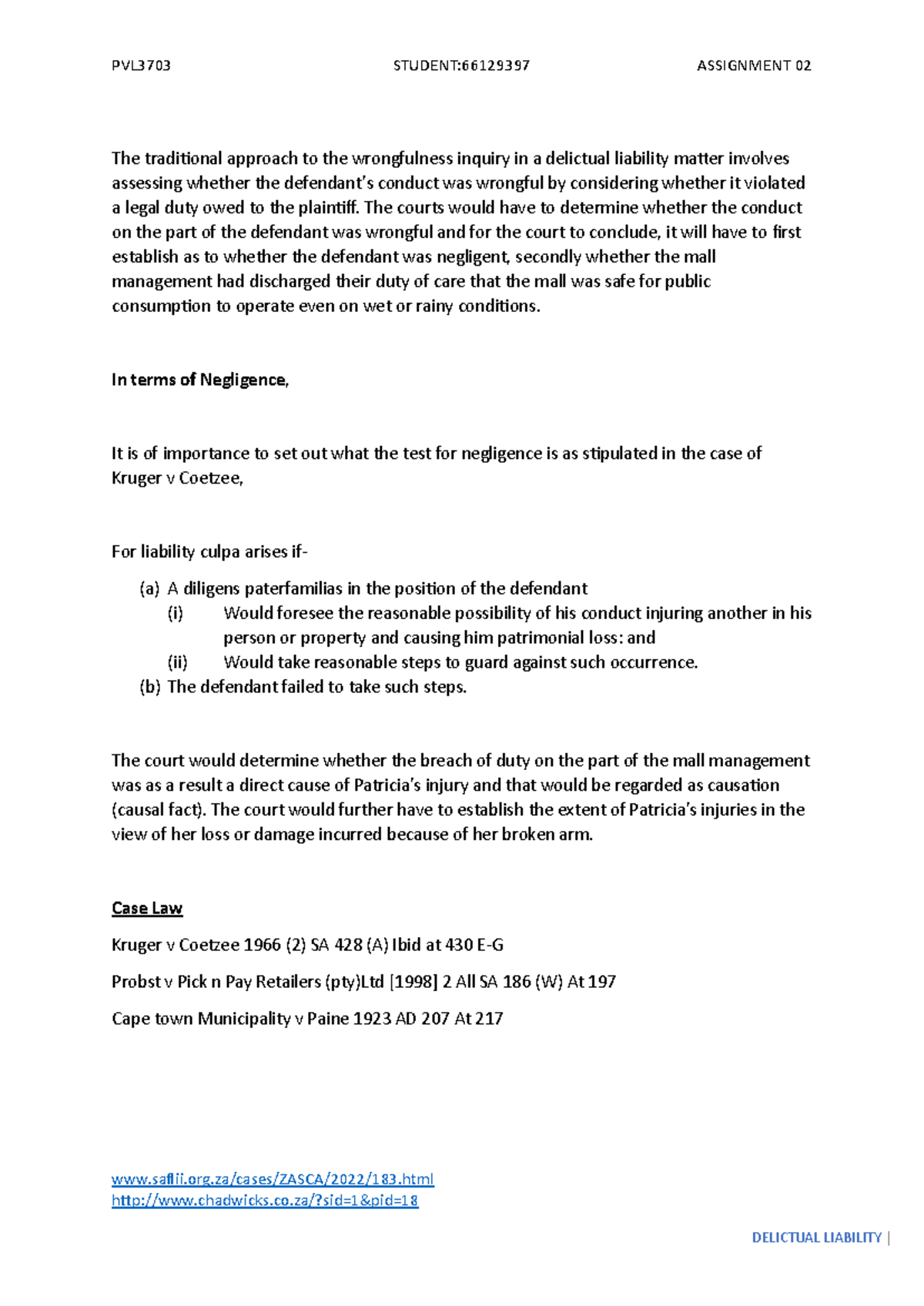 PVL3703 Assignment 2: Analyzing Delictual Liability & Negligence - Studocu