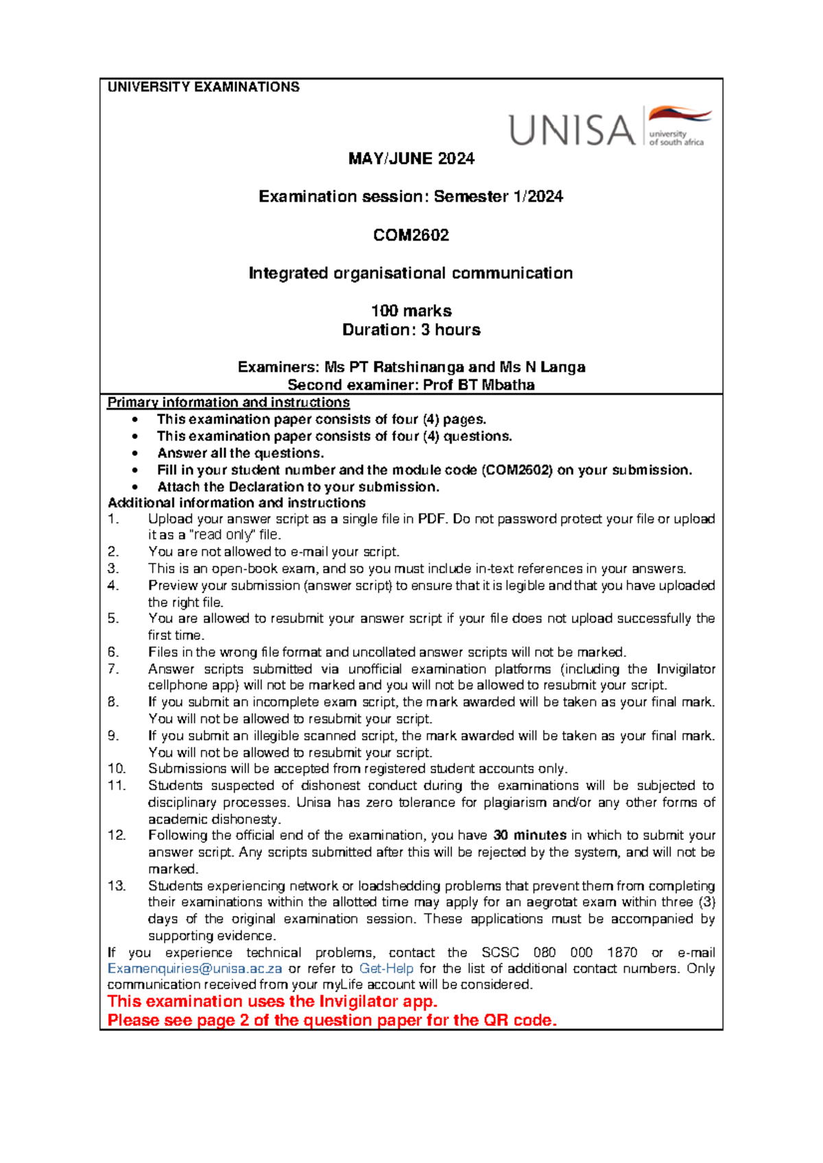 COM2602 Integrated Org Communication Final Exam May/June 2024 - Studocu