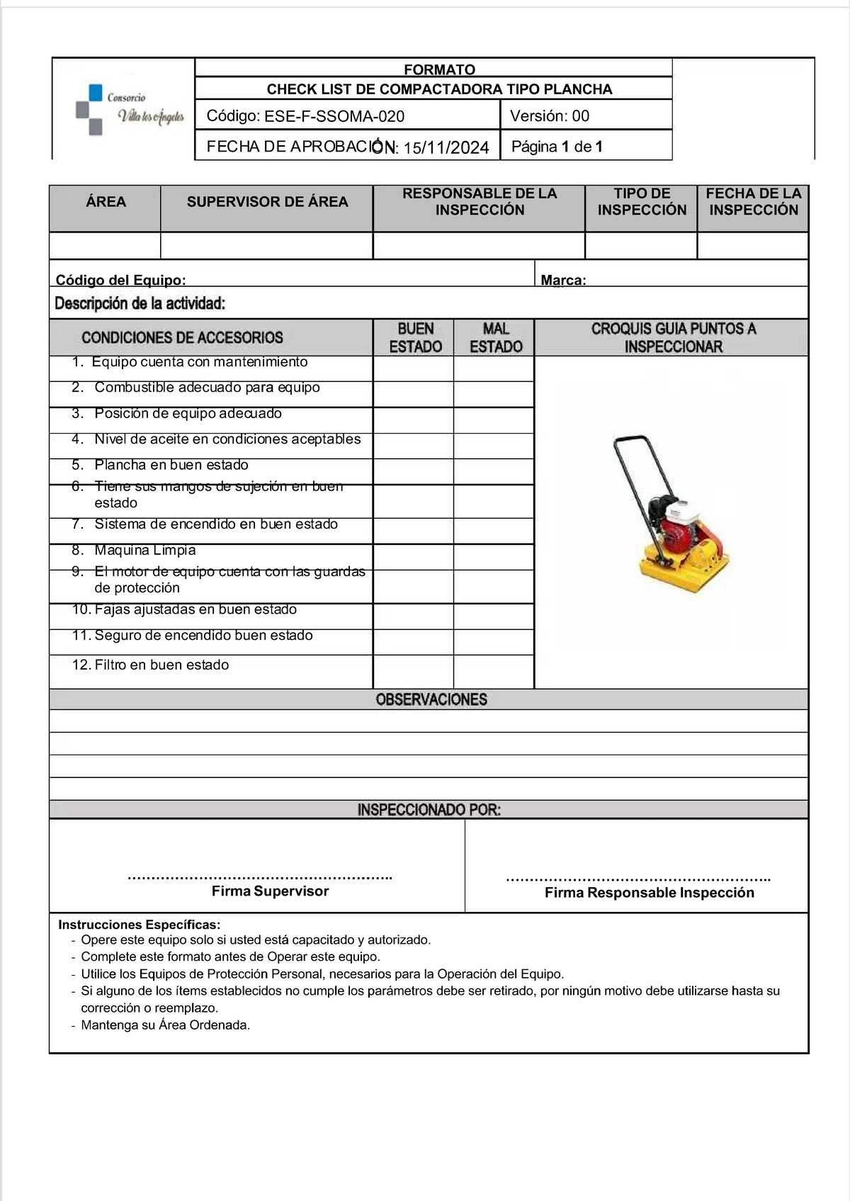 Check List de Inspección para Compactadora Tipo Plancha - Código: 00 ...