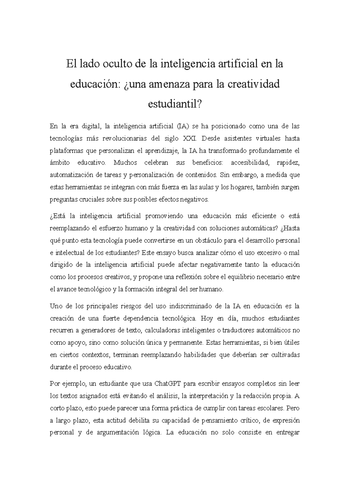 El impacto de la IA en la educación: ¿amenaza a la creatividad? - Studocu