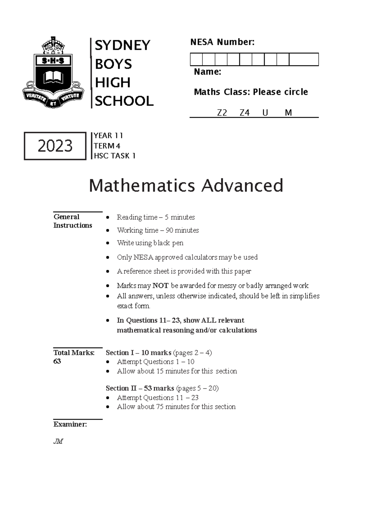 SBHS 2023 Year 11 Mathematics Advanced HSC Task 1 - Studocu