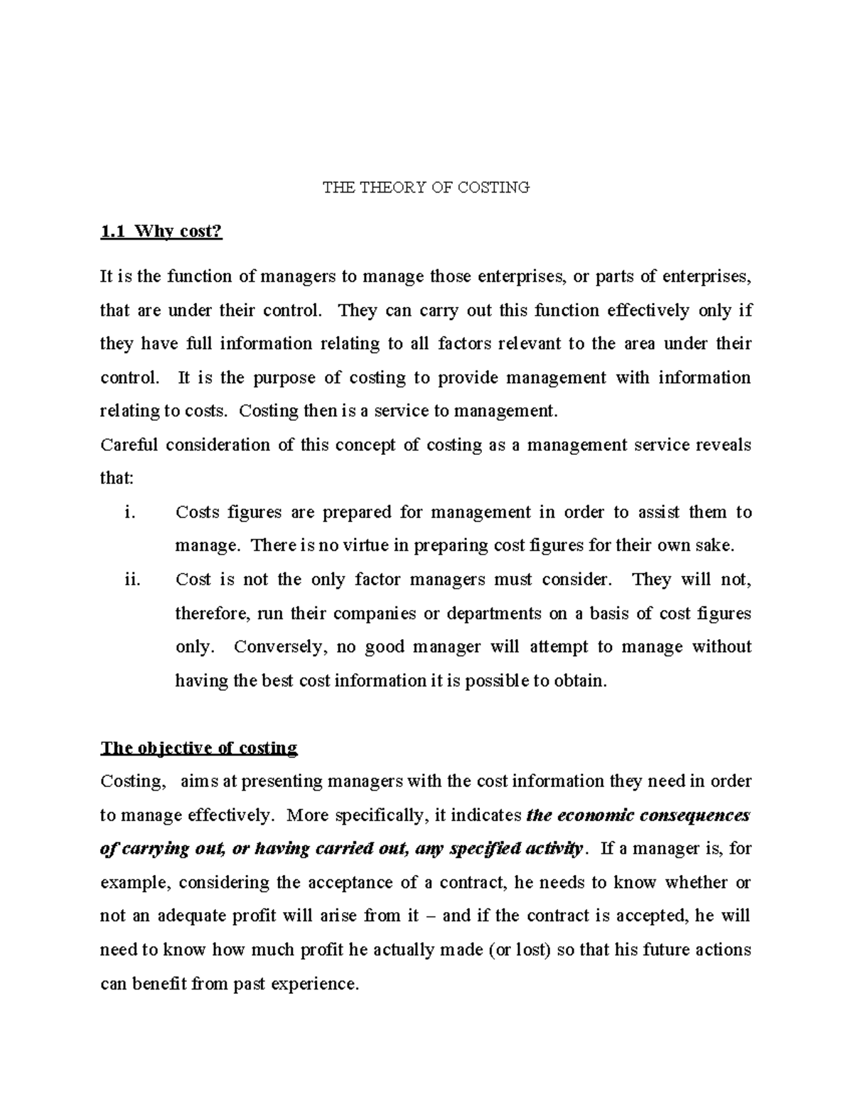 Costing Theory Overview for Management (Course Code: 2024) - Studocu