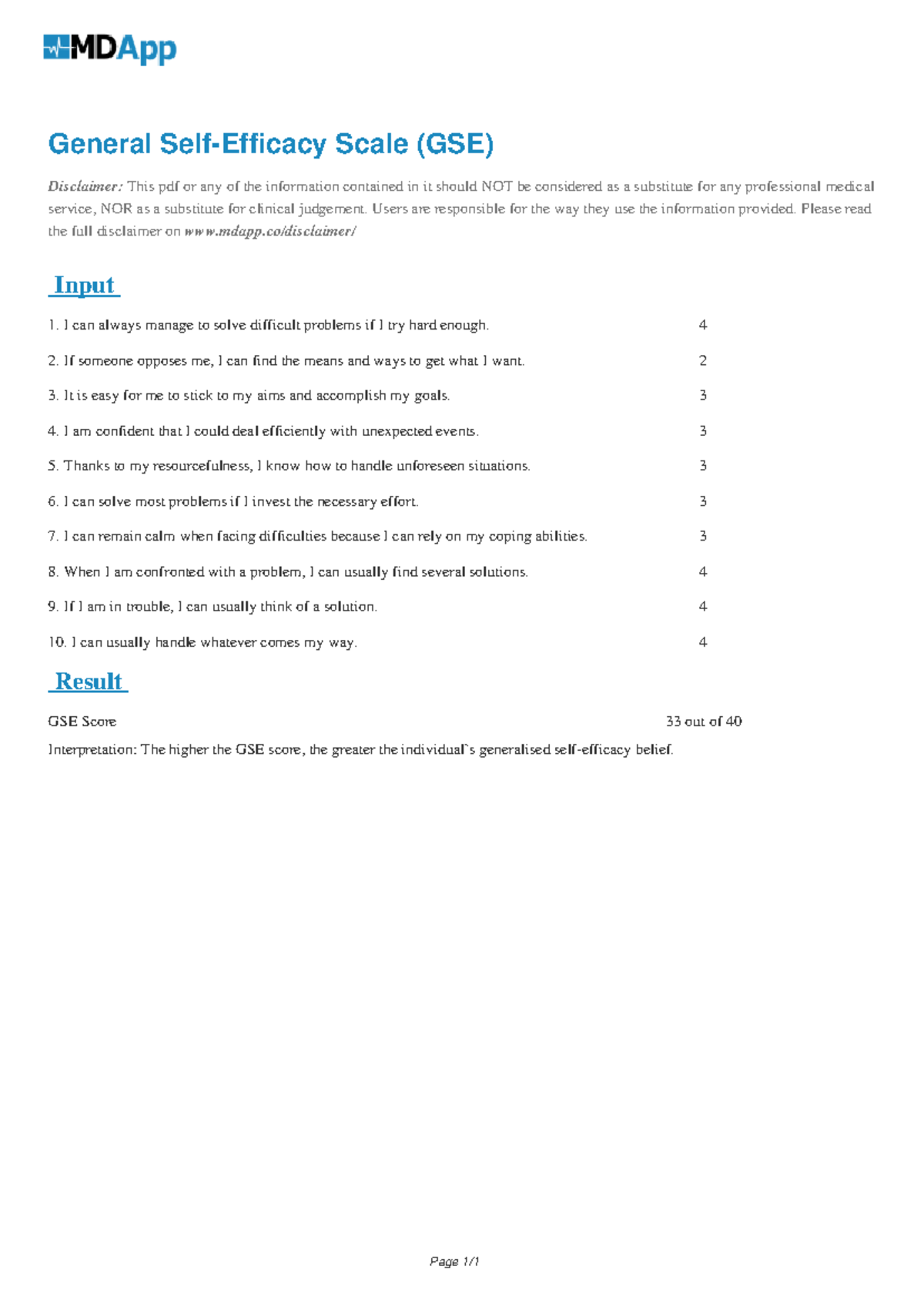 General Self-Efficacy Scale (GSE) Assessment Results - Studocu