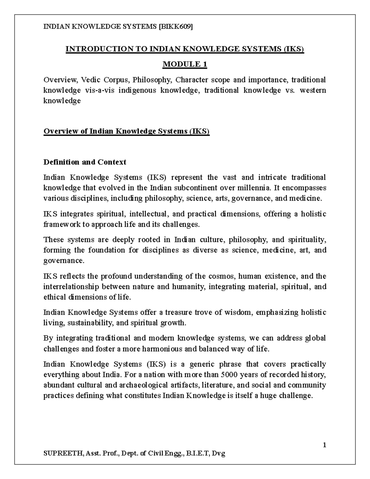 BIKK609 - Module 1: Introduction to Indian Knowledge Systems (IKS ...