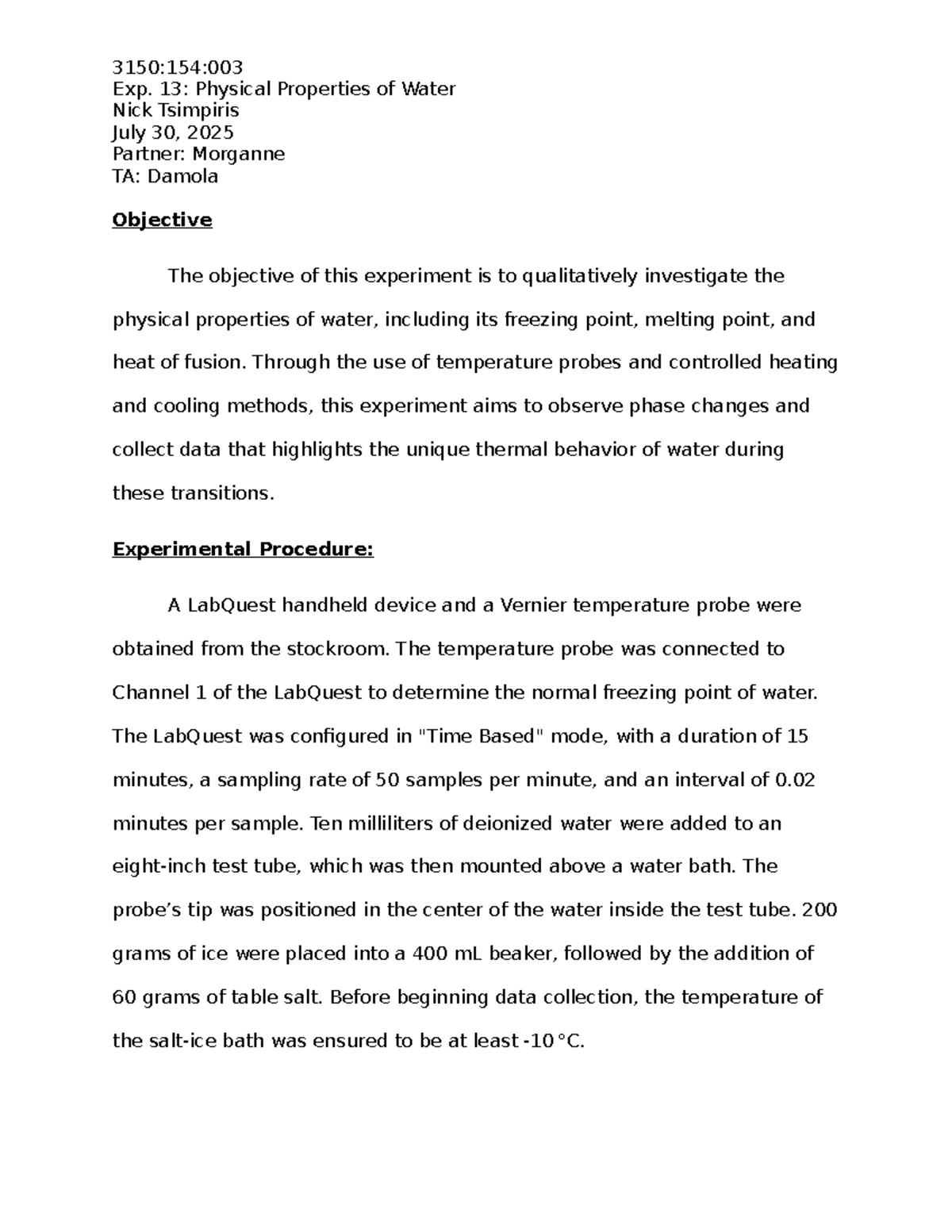 3150:154:003 Lab Report: Physical Properties of Water Experiment - Studocu