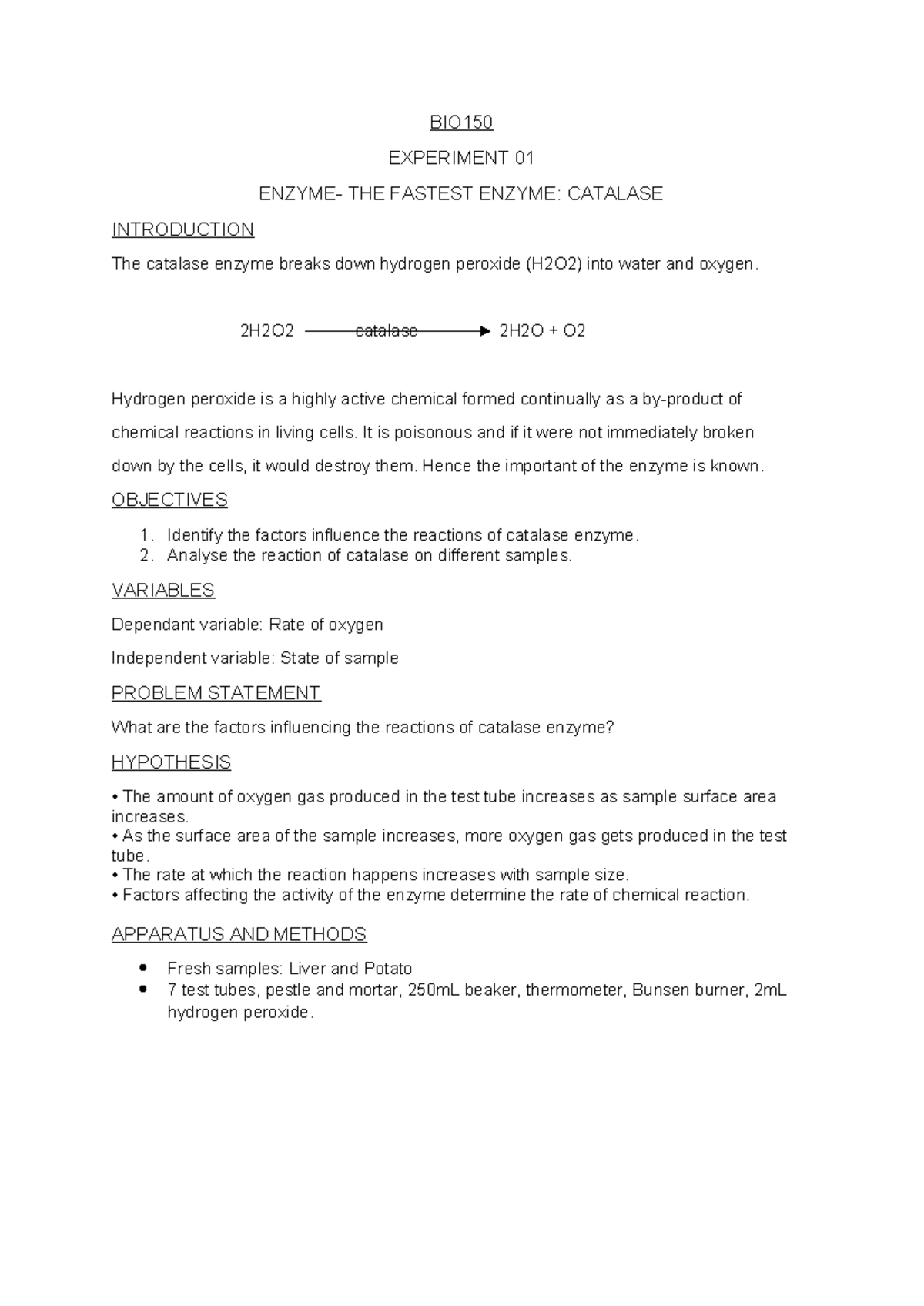 BIO150 Enzyme Experiment 1: Catalase Activity and Factors Influencing ...