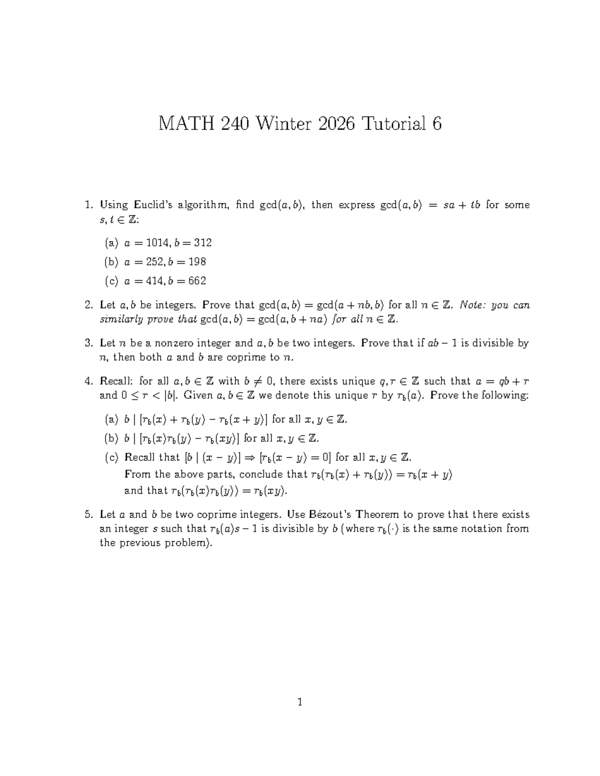 MATH 240 Winter 2026 Tutorial 6: GCD and Coprime Proofs - Studocu