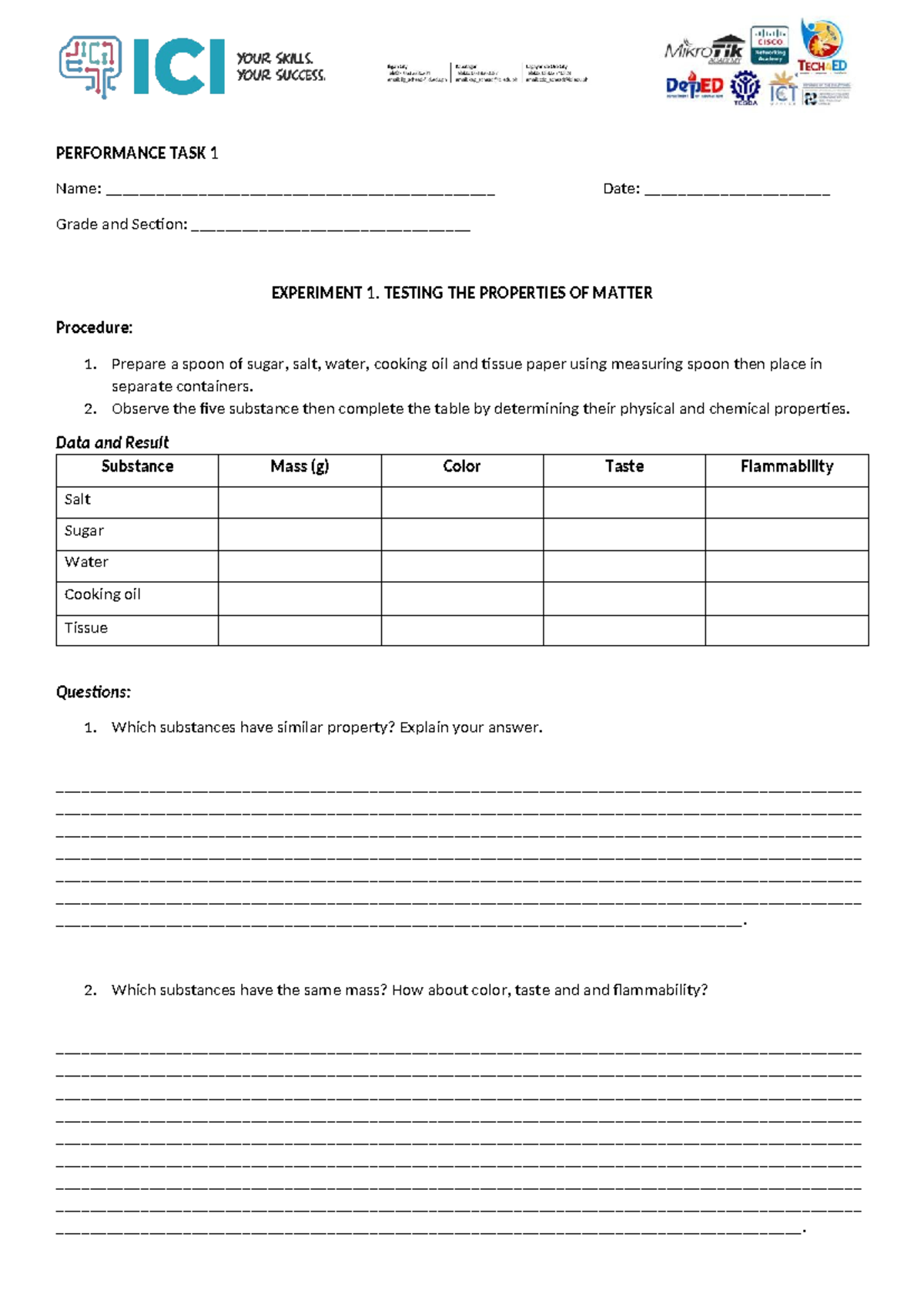 Performance Task 1: Gen Chem 1 - Testing Properties of Matter - Studocu