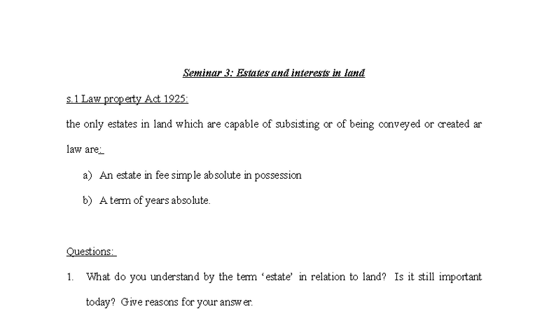 Seminar 3: Estates and Interests in Land - Law Property Act 1925 - Studocu