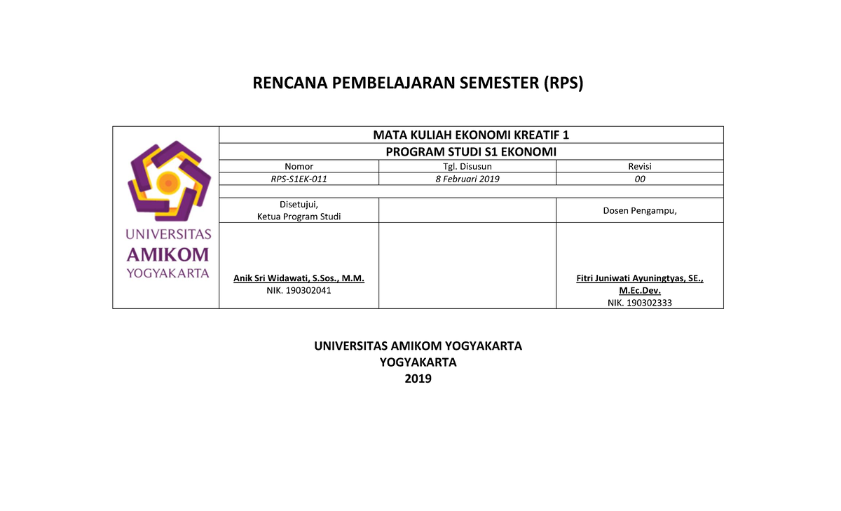 RPS S1 EK1 011 - Ekonomi Kreatif 1 Lecture Notes Overview - Document Preview