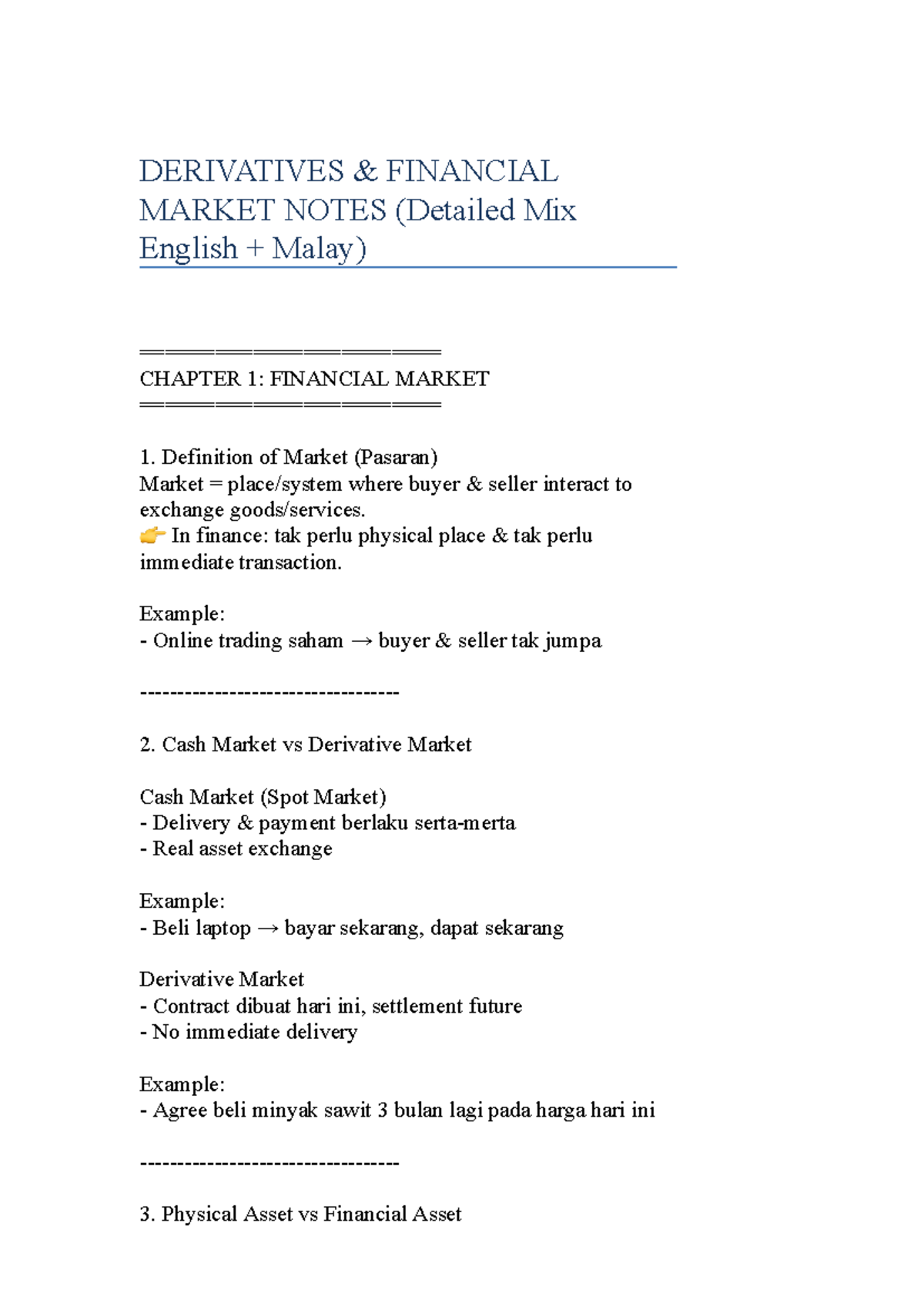 DERIVATIVES FINANCIAL MARKET NOTES (ENG-MAL) CH 1-3 SUMMARY - Studocu