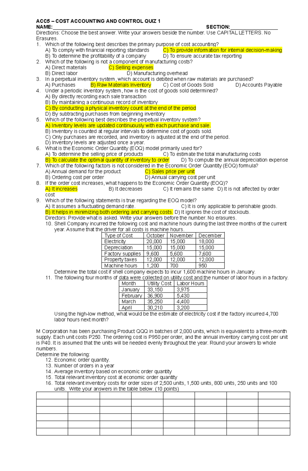 ACC5 COST ACCOUNTING AND CONTROL QUIZ 1: Key Concepts and Questions ...