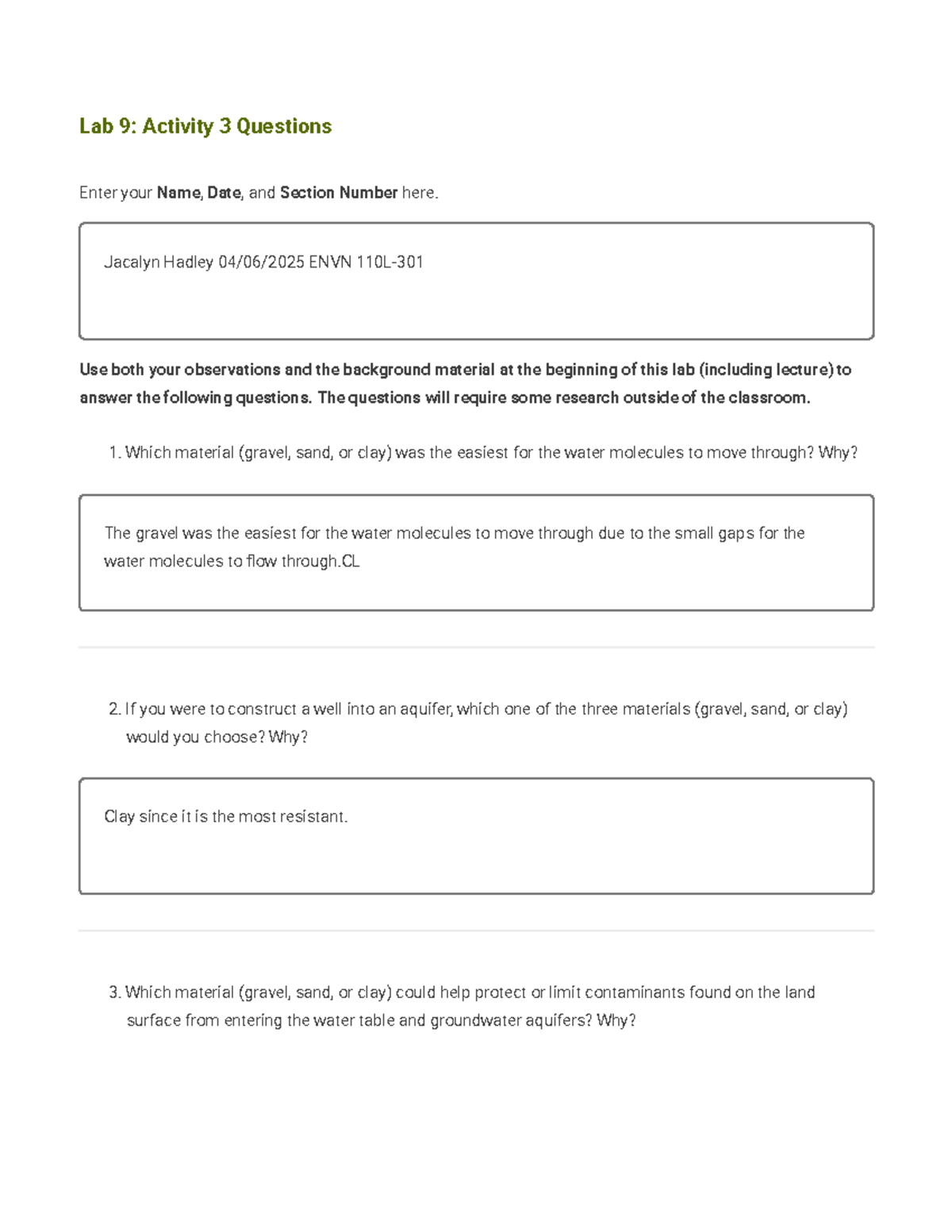 LAB9 3: Intro to Environmental Science Questions - ENVI 110L - Studocu