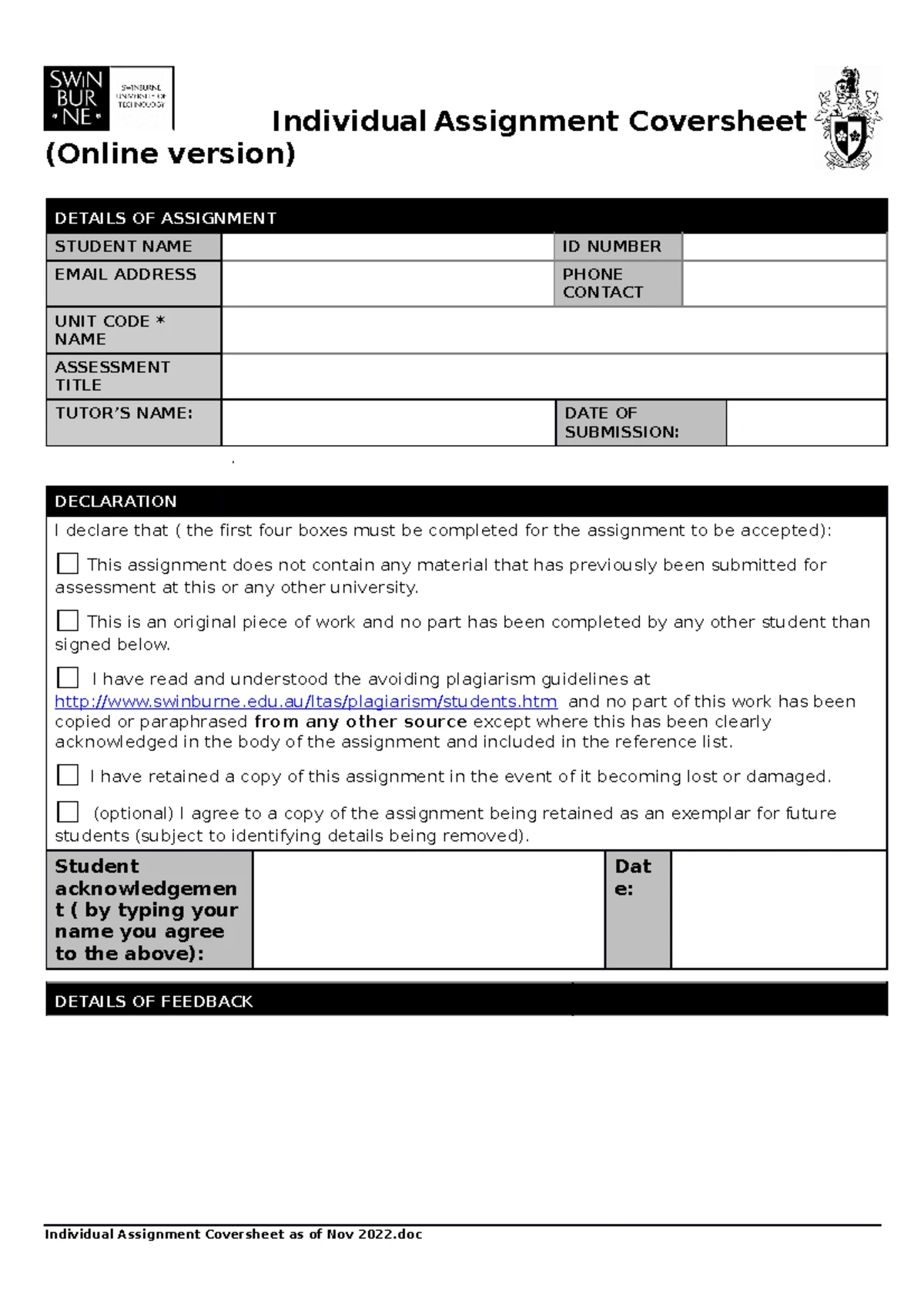 Individual Assignment Coversheet - Submission Details - Studocu