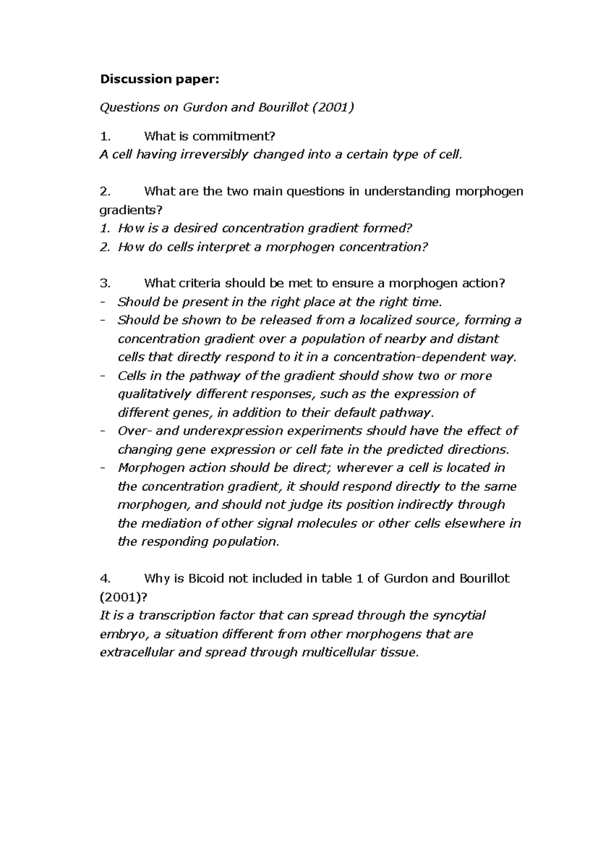 Questions and Answers on Gurdon and Bourillot 2001 Study Guide ...